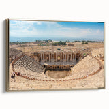 Framed canvas depicting ancient ruins in a vintage poster style with a gold frame, ideal for bedroom wall art.