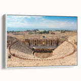 Framed canvas of vintage poster art depicting colorful ancient ruins, ideal for living room decor.