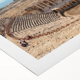 Art deco poster of ancient ruins in muted earth tones on rolled canvas, suitable for dining room or bathroom wall art.