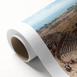 Art deco poster of ancient ruins in muted earth tones on rolled canvas, ideal for nursery wall art.