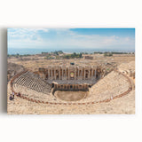 Black and white photo of ancient architectural ruins on stretched canvas, suitable as large kitchen wall art.