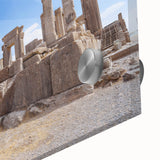 Acrylic print of large abstract wall art depicting ancient ruins in muted earth tones.