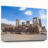 Large abstract wall art of ancient ruins in muted earth tones on acrylic glass, ideal for bedroom or dining room decor.