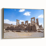 Framed canvas of ancient ruins in black and gold, ideal for bedroom wall art with a vintage poster style.