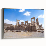 Framed canvas depicting ancient ruins in muted earth tones, ideal for adding a historical touch to any living space.