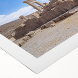 Art deco poster of ancient ruins in muted earth tones on rolled canvas, suitable for dining room wall art.