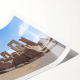 Extra large rolled print depicting line art flowers and floral art on ancient ruins architecture, set in muted earth tones.