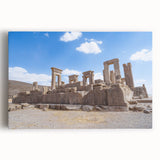 Ancient ruins depicted in black and white on a large stretched canvas, suitable as kitchen wall art.
