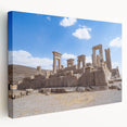 Side view of a stretched canvas featuring ancient ruins architecture in earthy tones, suitable for kitchen wall art.