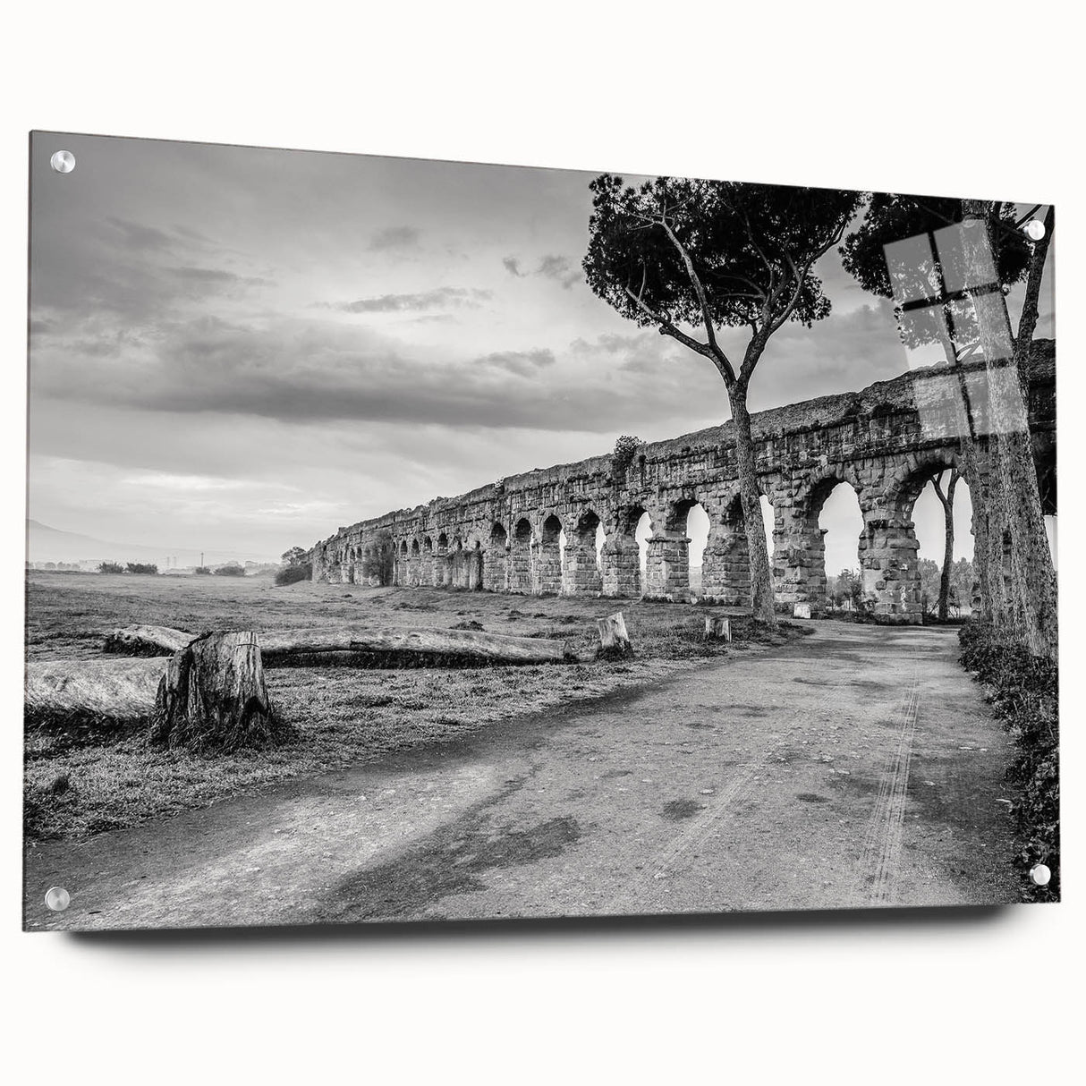 Large abstract wall art featuring architectural arches in muted gray tones on acrylic glass.