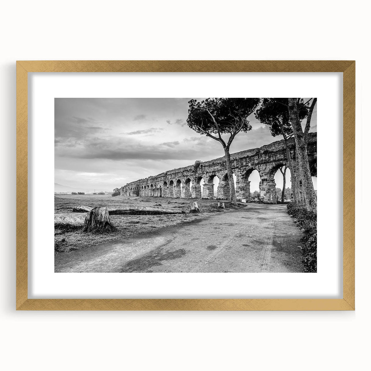 Abstract art print featuring geometric arches in muted gold and white tones, framed in gold.