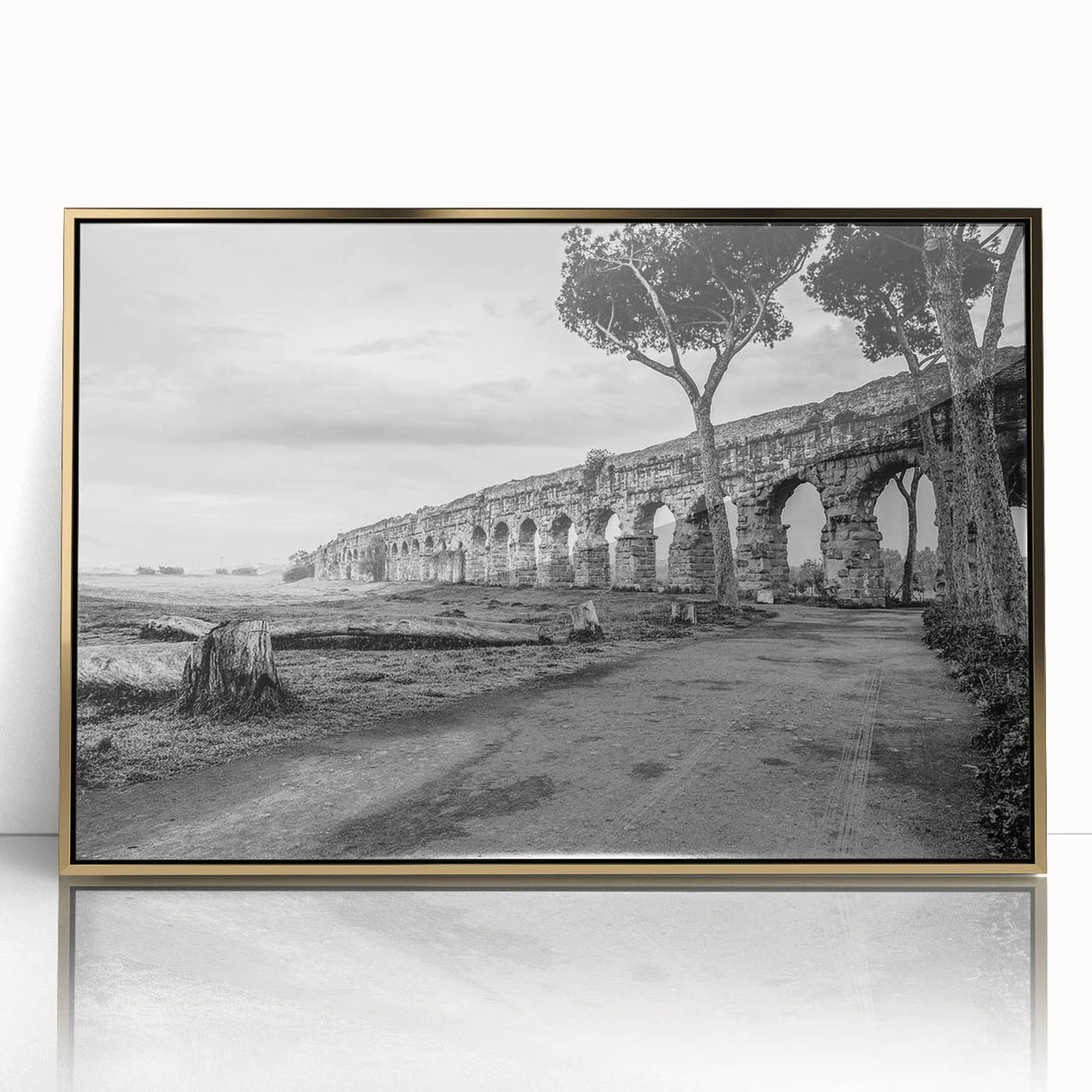 Mid-century modernist art of geometric arches in gold and white tones, acrylic framed, suitable for nursery or modern decor.