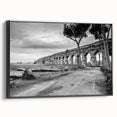 Black and white framed canvas featuring a vintage poster art style of architectural arches, ideal for bedroom wall decor.