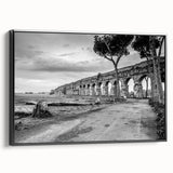 Black and white framed canvas featuring a vintage poster art style of architectural arches, ideal for bedroom wall decor.