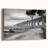 Framed canvas depicting a vintage poster of black architectural arches, ideal for bedroom wall decor.