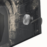 Mid-century modernist large abstract wall art in acrylic, featuring geometric arches in muted brown tones.