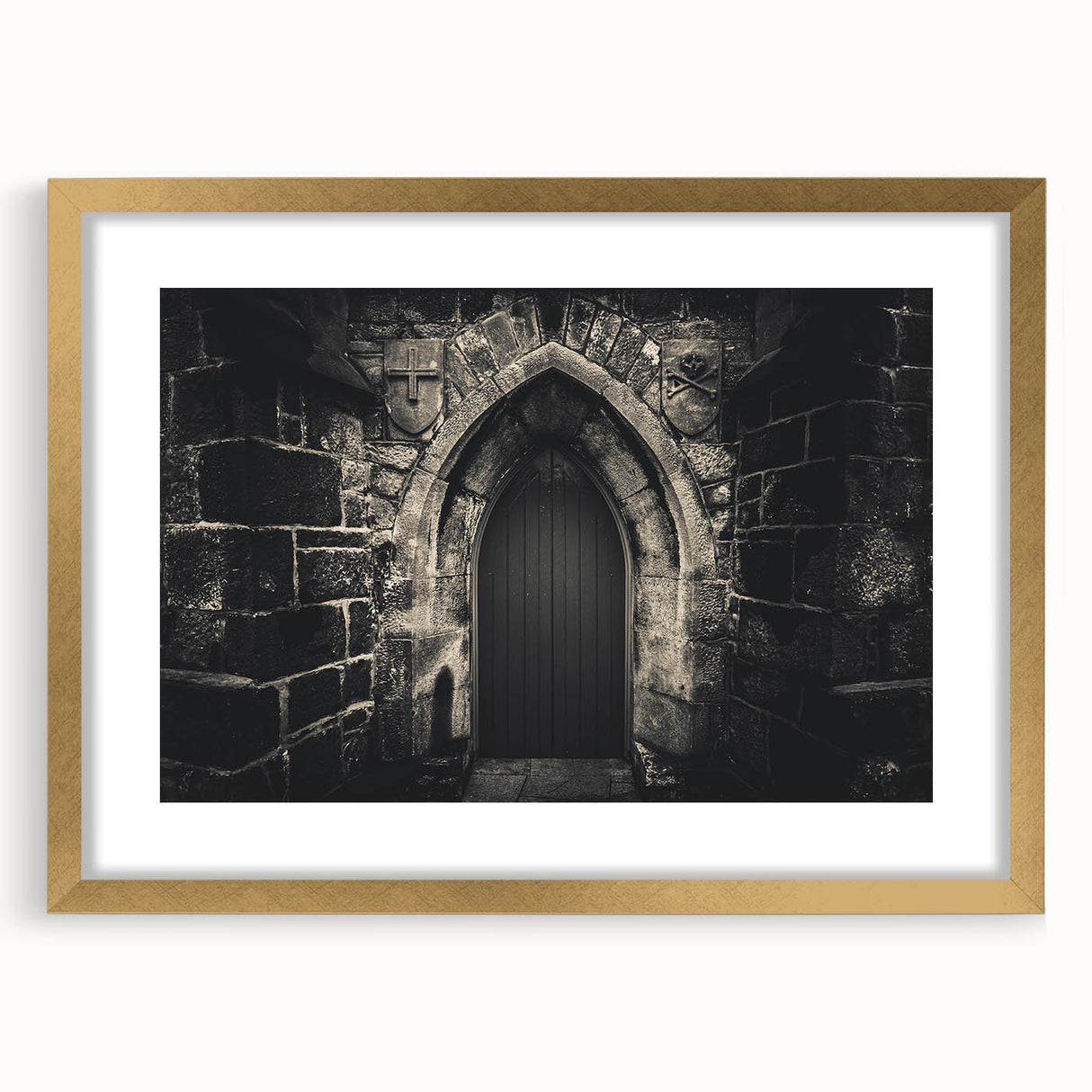 Abstract art print featuring geometric arches in gold and black, framed with mat, ideal for dining room decor.