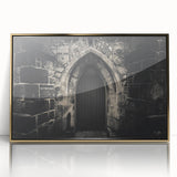 Mid-century modernist art featuring architectural arches in gold and black tones on a framed acrylic.