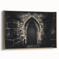 Vintage poster art featuring architectural arches in muted gold and black tones on a framed canvas.