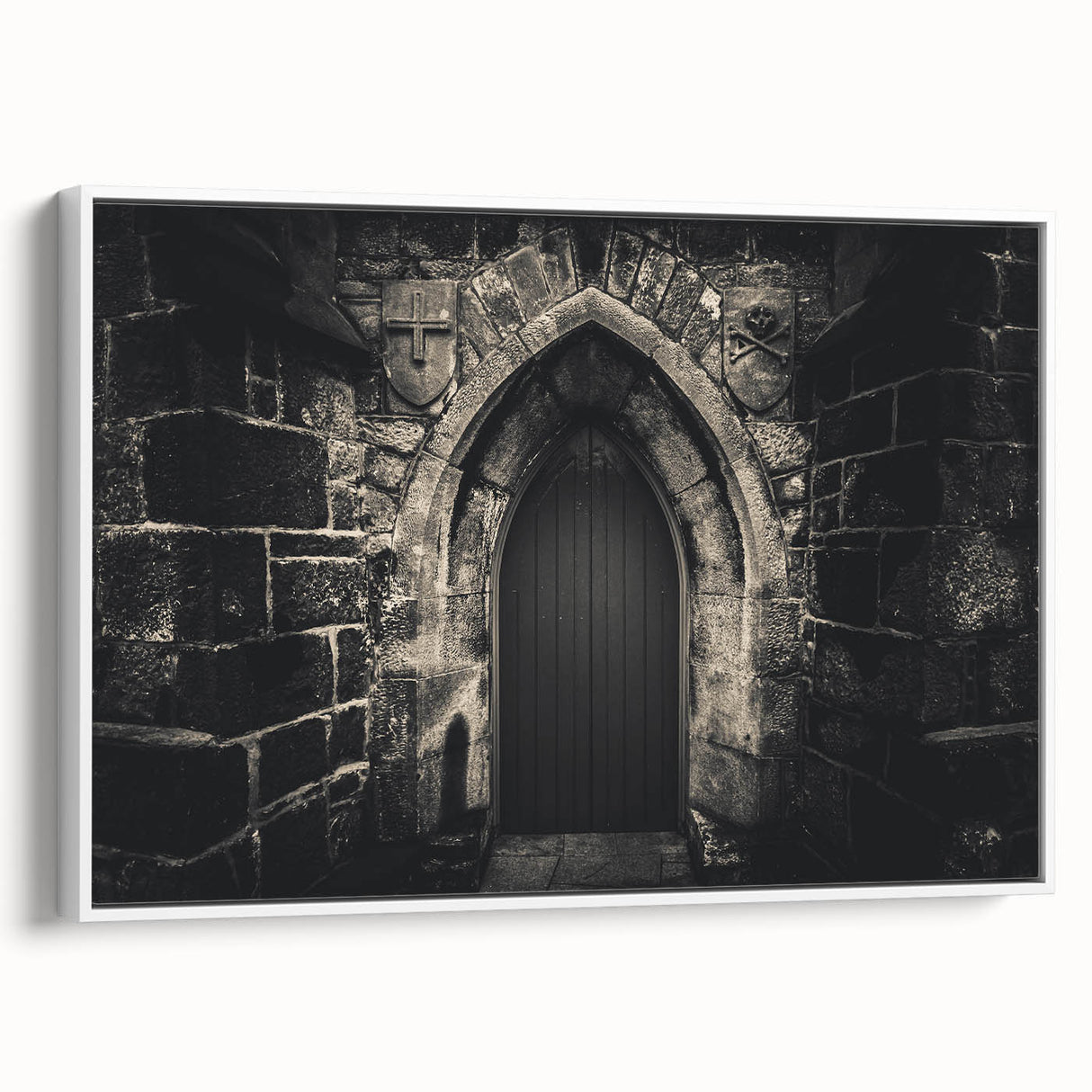 Framed canvas featuring a monochrome landscape with arches in vintage poster art style.