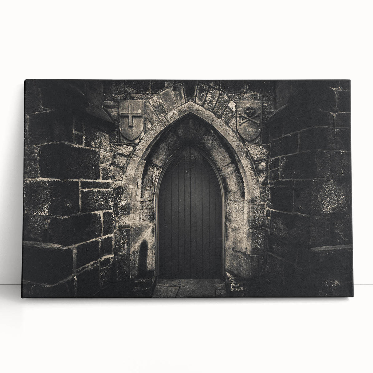 Black and white photo of architectural arches on a large stretched canvas, suitable for kitchen wall art or bedroom decor.