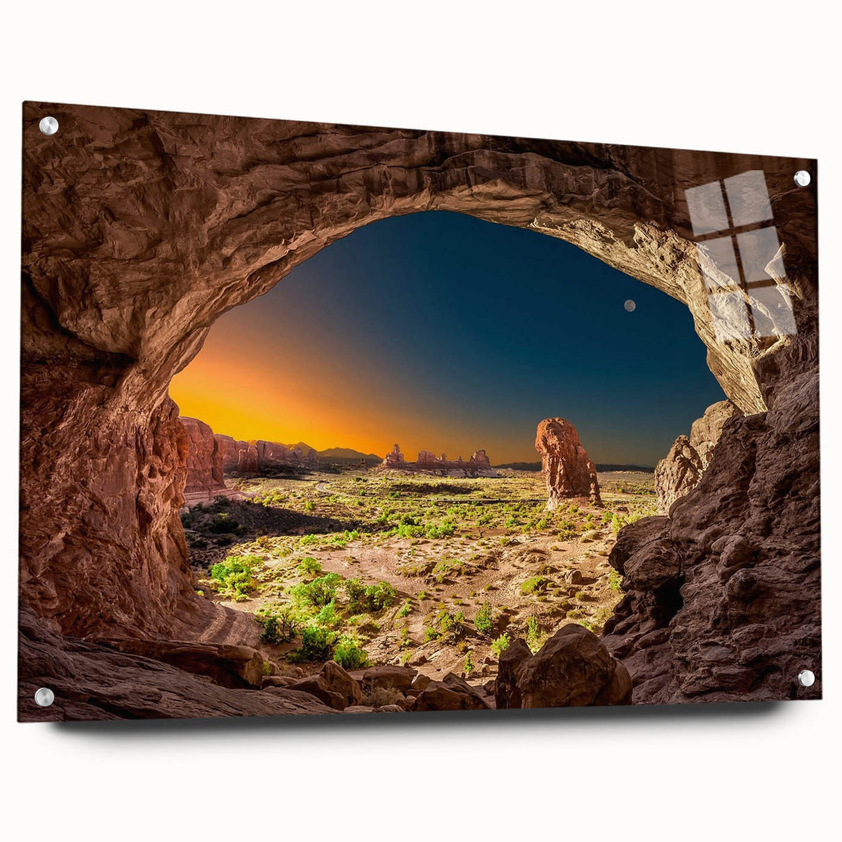 Large abstract wall art of architectural arches in muted gray and blue tones on acrylic glass.