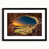 Extra large abstract art print featuring colorful, textured arch designs on a black framed canvas.