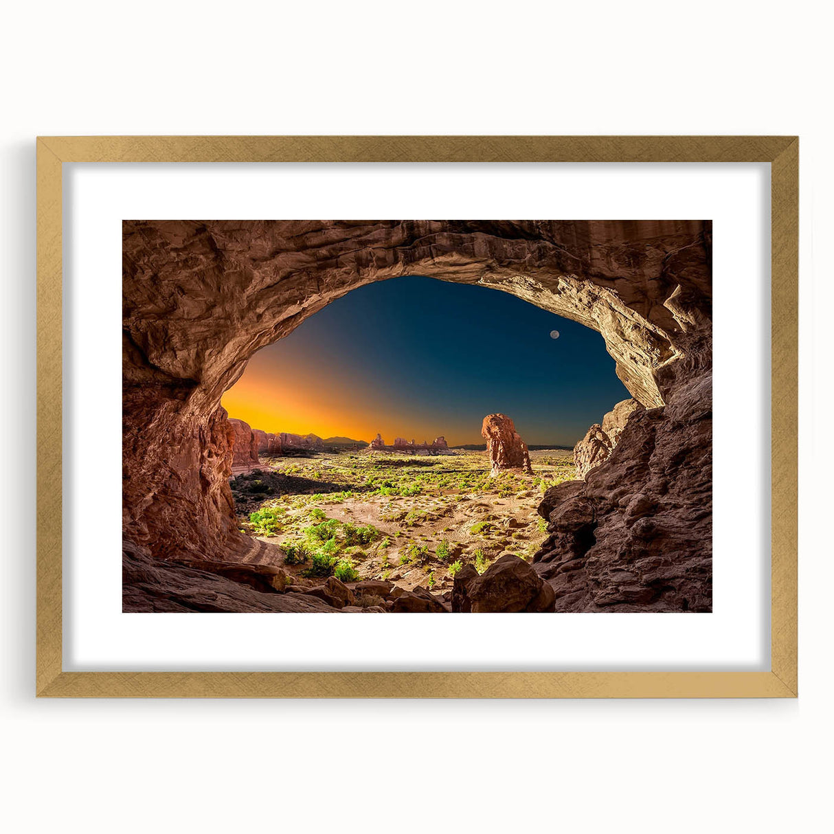 Abstract art print featuring curved arches in a gradient of beige and white, framed in gold, ideal for dining room decor.