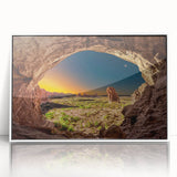 Large art print of a mid-century modernist archway in muted beige tones on white acrylic, ideal for modern art wall decor.