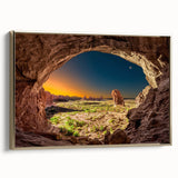 Vintage poster art of architectural arches in vibrant colors on a framed canvas, ideal for living room decor.