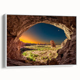 Framed canvas of a vintage poster art featuring a black and colorful landscape with arches, ideal for office decor.