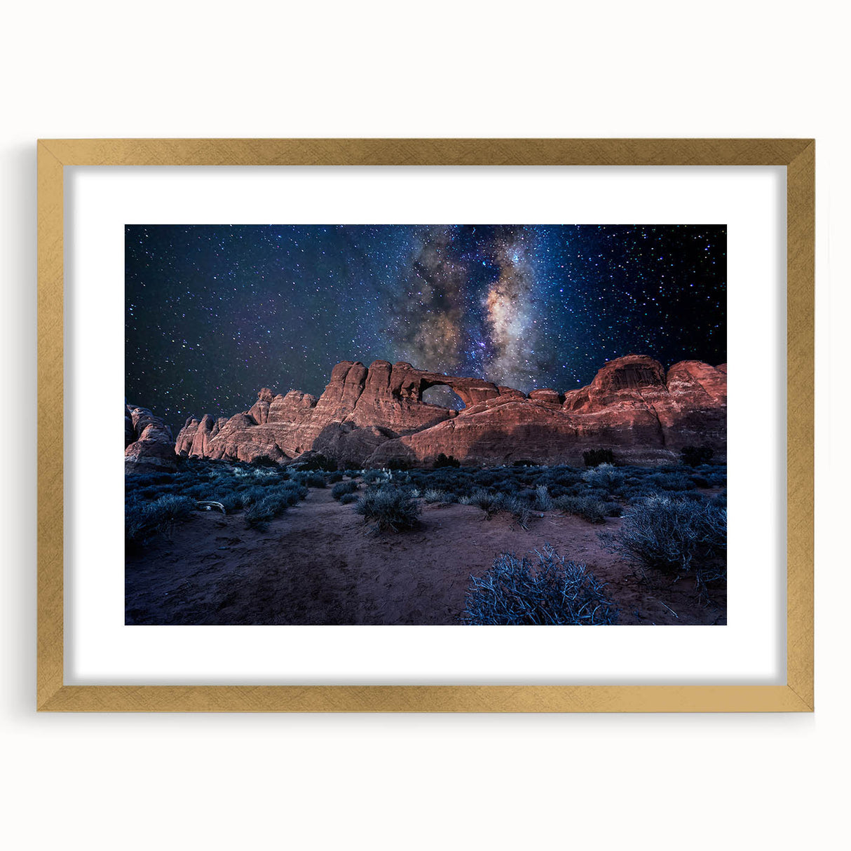 Textured abstract art print featuring curved arch designs in muted gold tones, framed with a mat, suitable for bedroom decor.