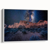 Vintage poster art of architectural arches in black and vibrant colors on a large framed canvas.