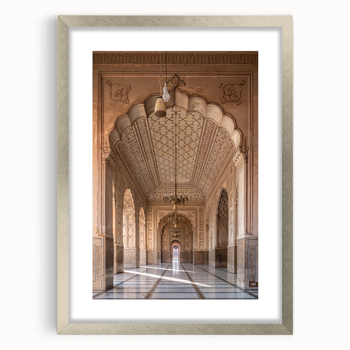 Textured abstract art print featuring curved architectural forms in muted gray, silver-framed with mat.
