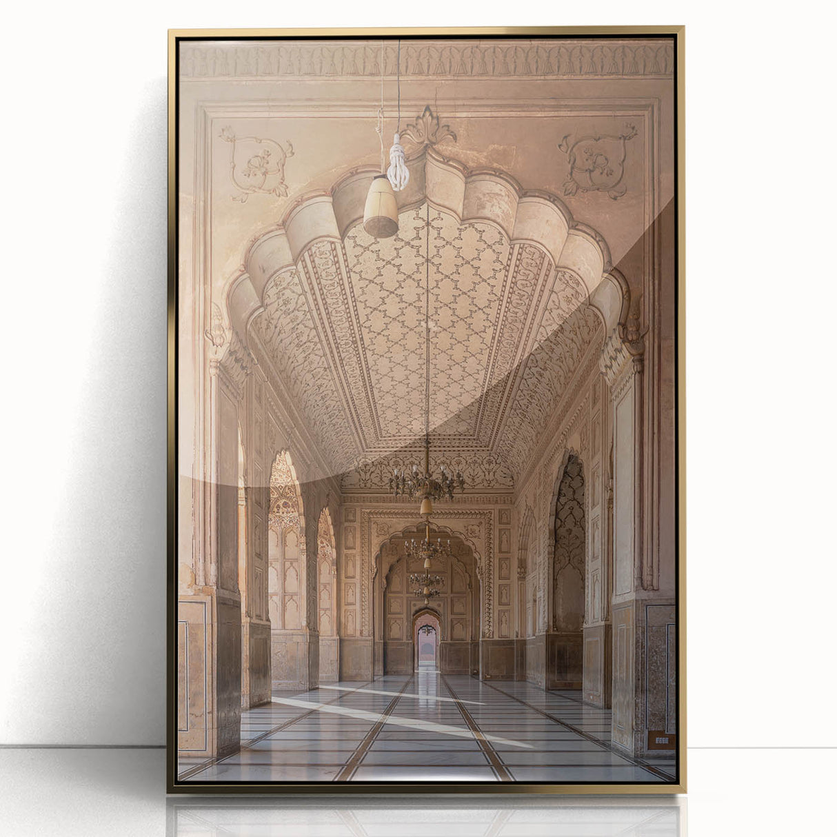 Mid-century modernist arch design in gold and white tones on a framed acrylic, ideal for nursery wall art.