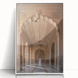 Mid-century modernist arches in muted gray, large art print on framed acrylic, suitable for modern nursery decor.