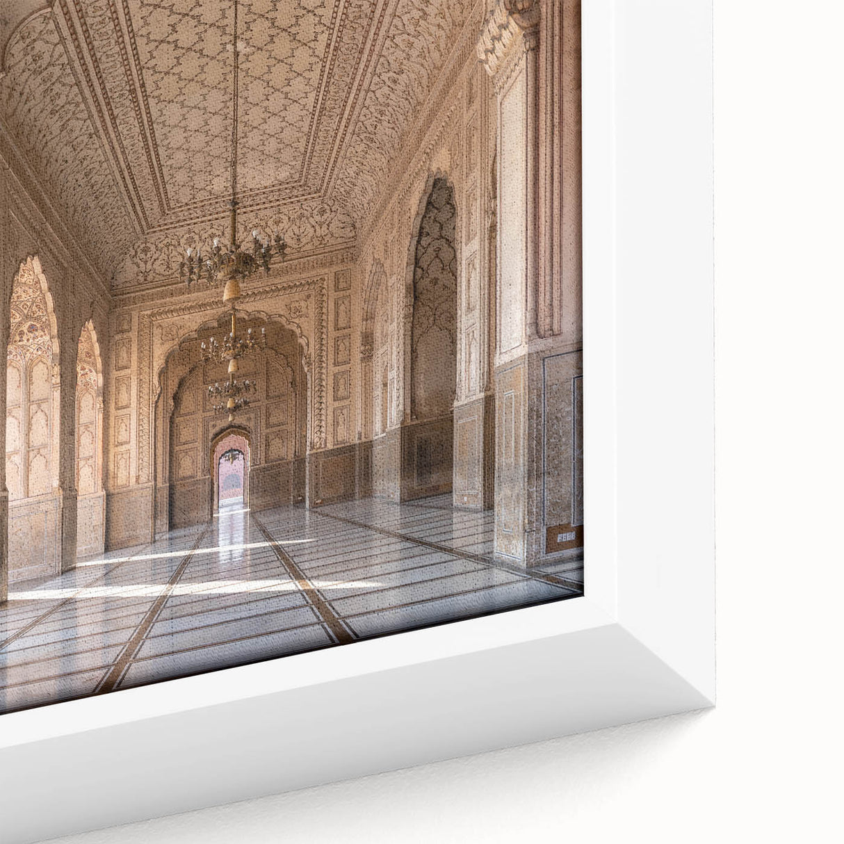 Extra large framed canvas featuring a close-up of black textured arches with colorful art accents.