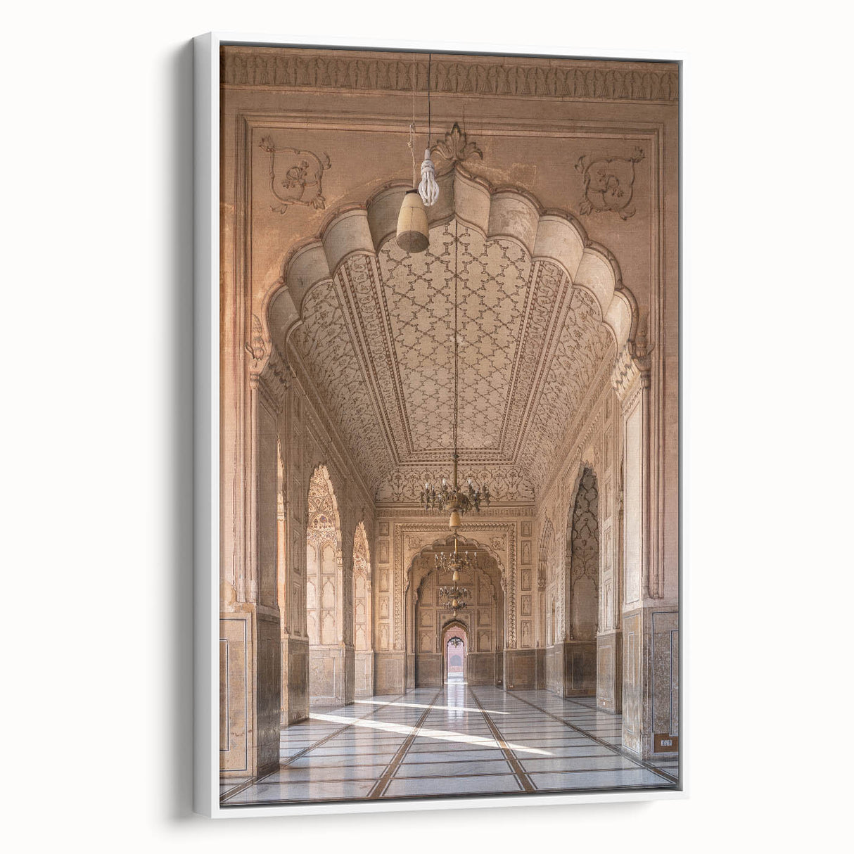Landscape art painting of colorful arches on a framed canvas, ideal for brightening a modern living room.