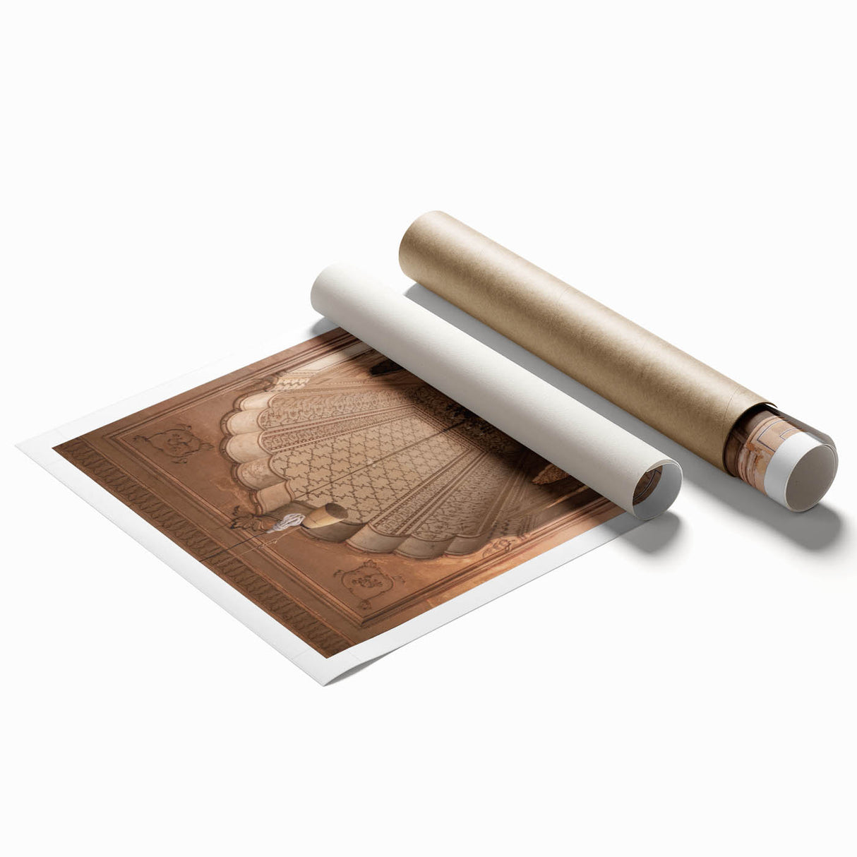Extra large rolled print featuring symmetrical arches in muted beige tones, suitable for classy bathroom wall art.