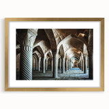 Textured abstract art print featuring curved arches in earth tones, framed in gold, ideal for bedroom art.