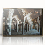 Mid-century modernist art with golden arches on acrylic print, ideal for nursery wall art.