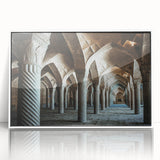 Mid-century modernist arch design in black and white on framed acrylic, suitable for modern art wall decor.