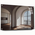 Large abstract wall art featuring a series of arches in monochrome tones on acrylic glass.