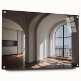 Large abstract wall art featuring a series of arches in monochrome tones on acrylic glass.