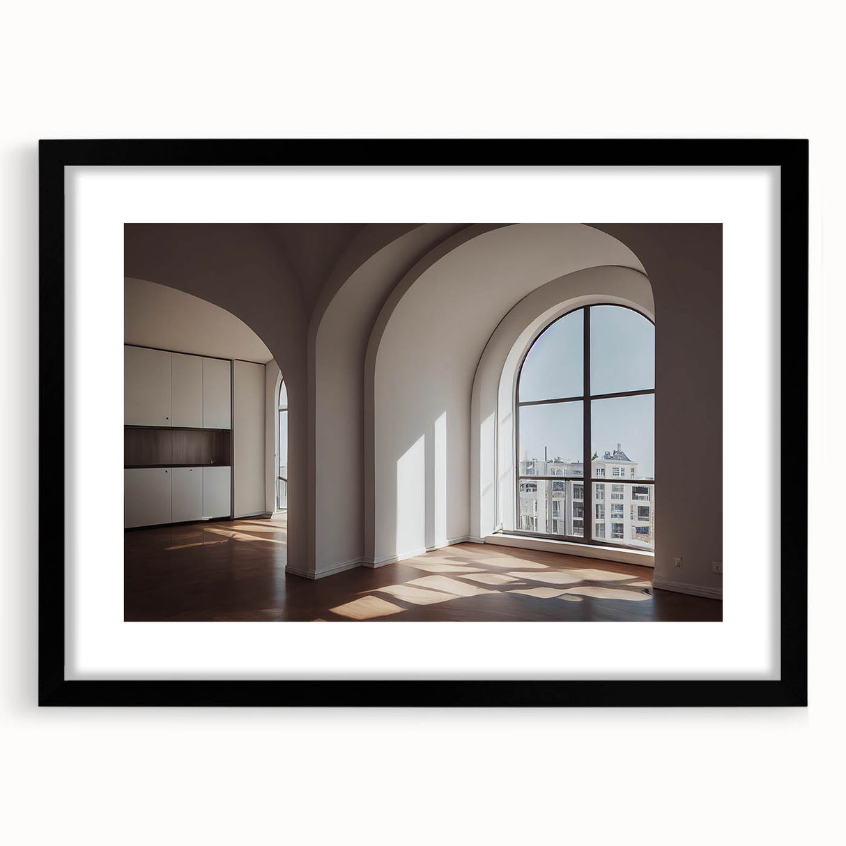 Abstract art print featuring colorful, textured arch designs on a large black-framed canvas, ideal for living room decor.