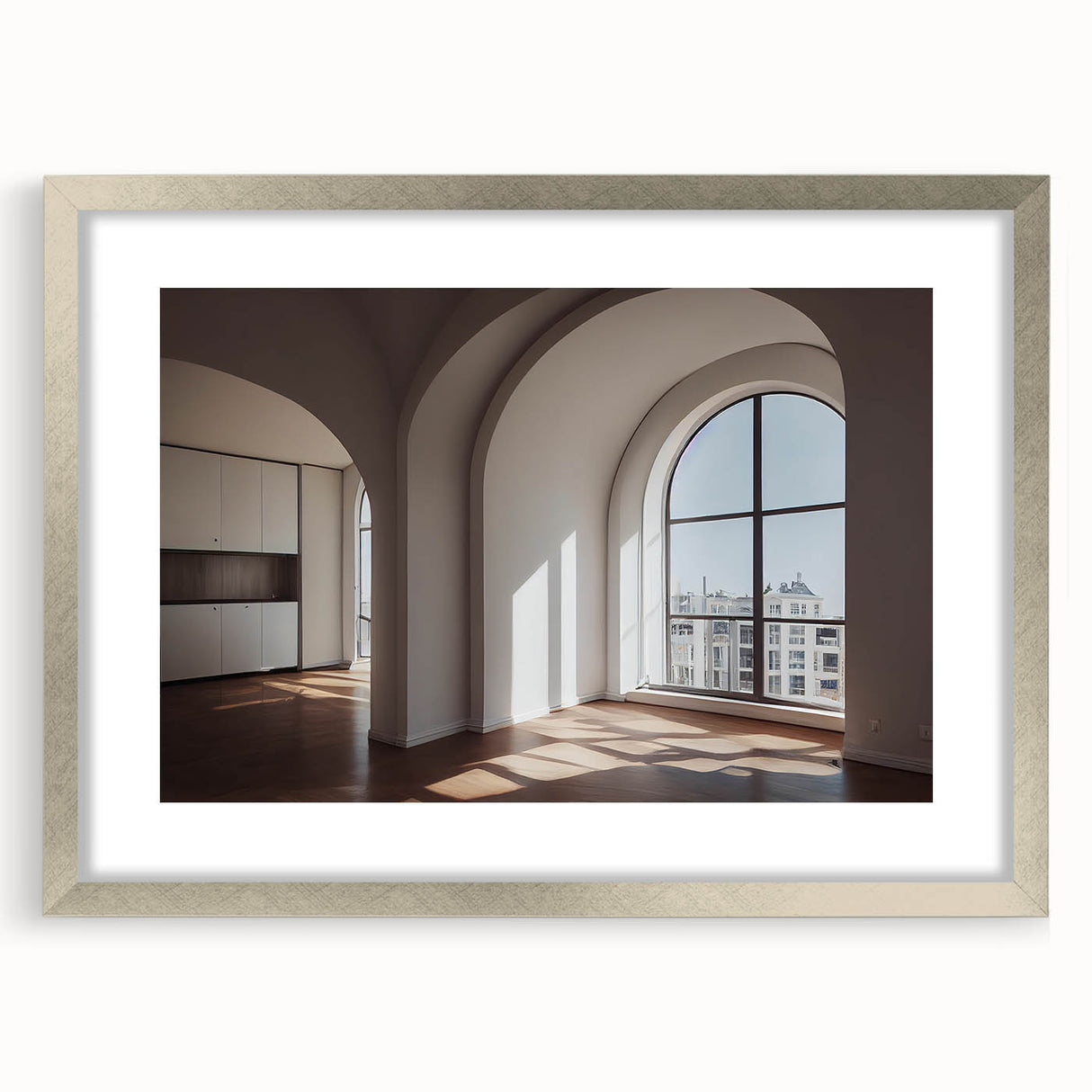 Textured art print featuring abstract arch designs in muted gray and silver, framed with a silver mat.