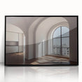 Large abstract wall art featuring overlapping arches in muted earth tones, presented in a black frame.