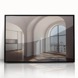 Large abstract wall art featuring overlapping arches in muted earth tones, presented in a black frame.