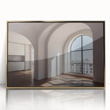 Mid-century modernist art depicting architectural arches in gold and white tones on a framed acrylic.