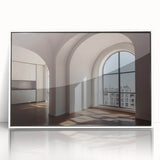 Mid-century modernist arch design in muted tones on a large framed acrylic print, suitable for nursery wall decor.